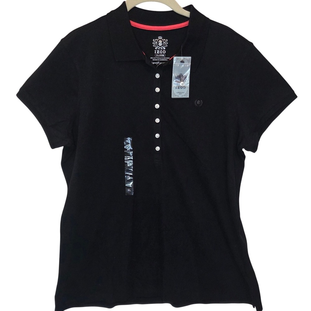 NWT IZOD Womens Black Short Sleeve Polo Shirt Cotton Spandex XL PC-757
